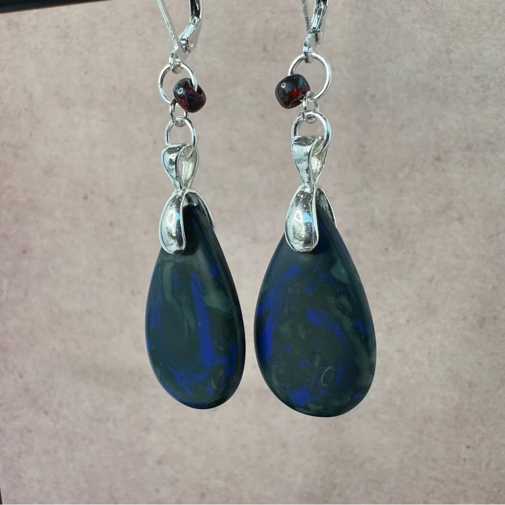 HAND CRAFTED Czech Glass Teardrop EARRINGS Matte Cobalt Blue Picasso NWT